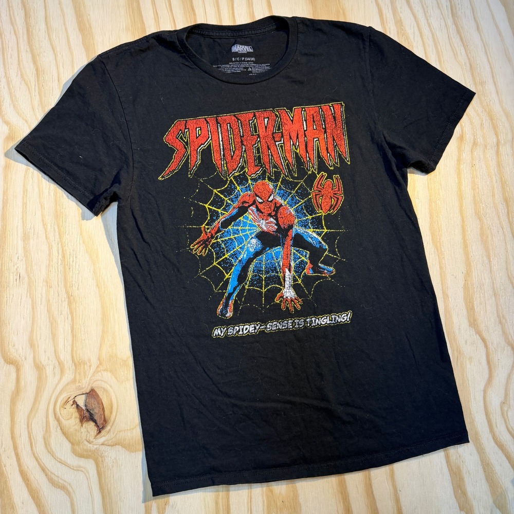 Marvel Spider-Man Graphic T-Shirt Black Mens Small Spidey-Sense Distressed Tee